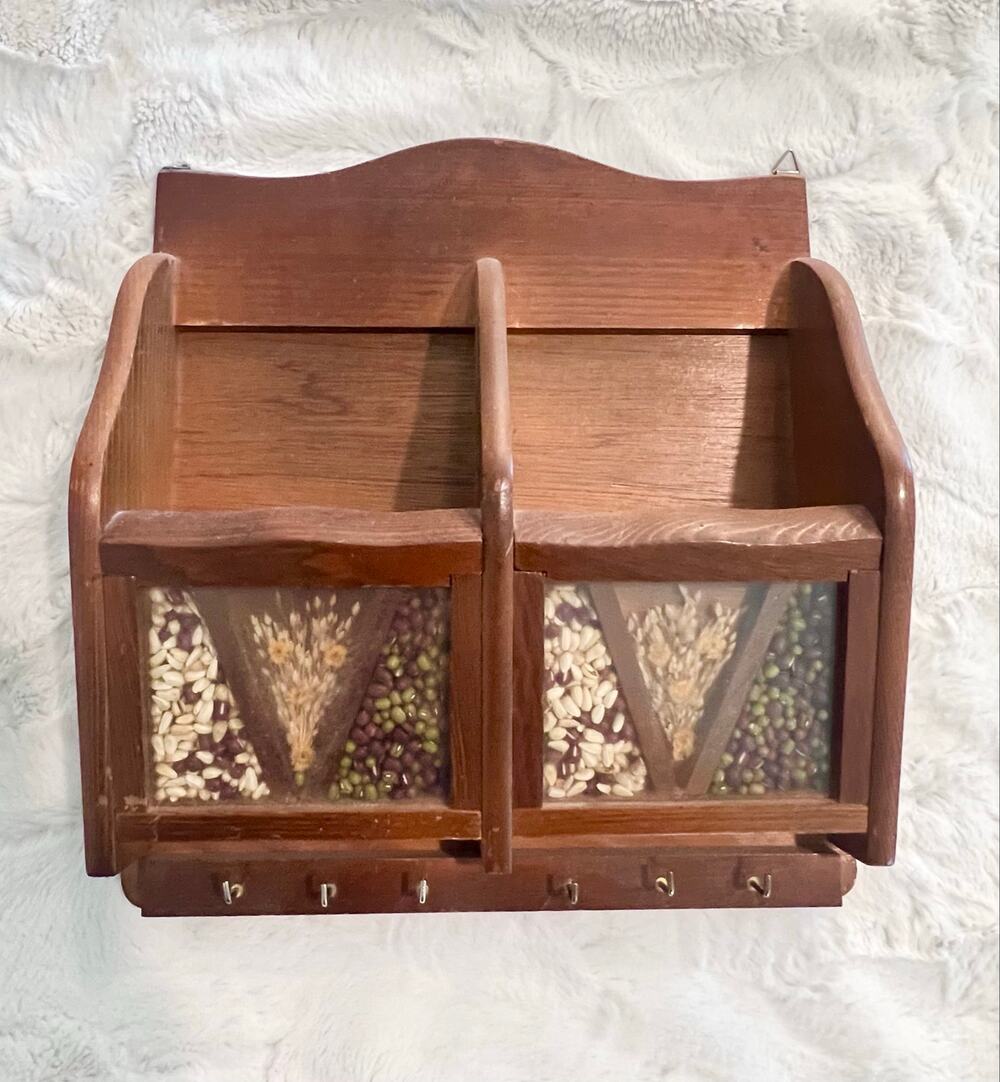 Vintage Wooden Mail Organizer Wall Decor Stand Hooks Bean/Grain Divider MCM 70’s